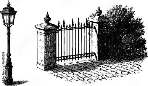 Vintage street lamp and iron gate illustration for historical design and decor