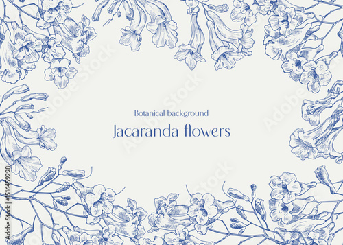 Toile art Vector vintage floral background Jacaranda tree flowers, flowering frame in blue and beige. Hand drawn engraved elements. Illustration for design greeting card, wedding decor. Monochrome