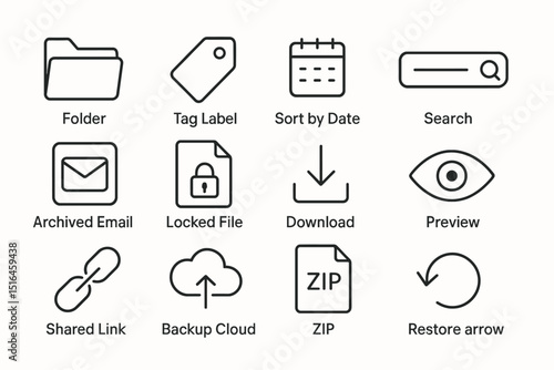 Collection of black line icons for digital file management and organization