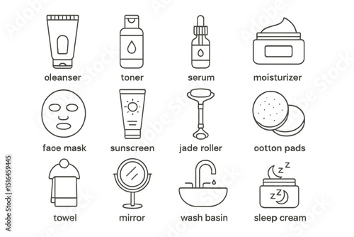 Skincare routine essentials: cleanser, toner, serum, moisturizer, face mask, sunscreen, jade roller, cotton pads