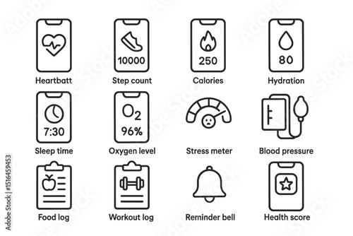 Smartphone health tracking icons: heartbeat, calories, hydration, sleep, oxygen, stress, blood pressure