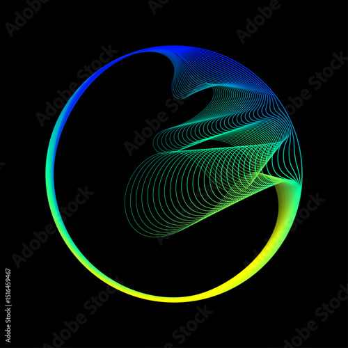 Neon iridescent circle linear frame, flowing wave in circular shape. Glowing neon color round curve with wavy dynamic lines isolated on black background with copy space. Vector design element
