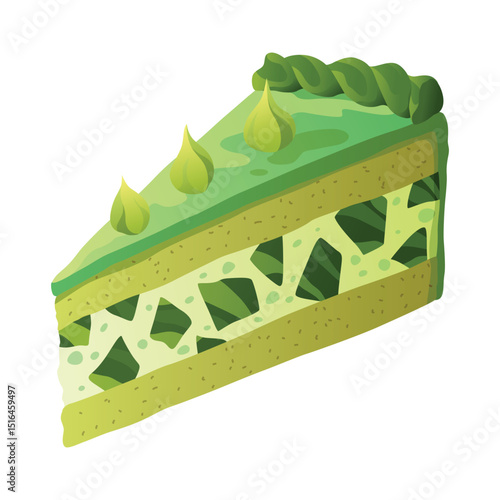 Cake slice. Colorful sweet cake piece, isolated on white. Cafe dessert menu, isometric hand drawn icon. Cute cartoon vector illustration