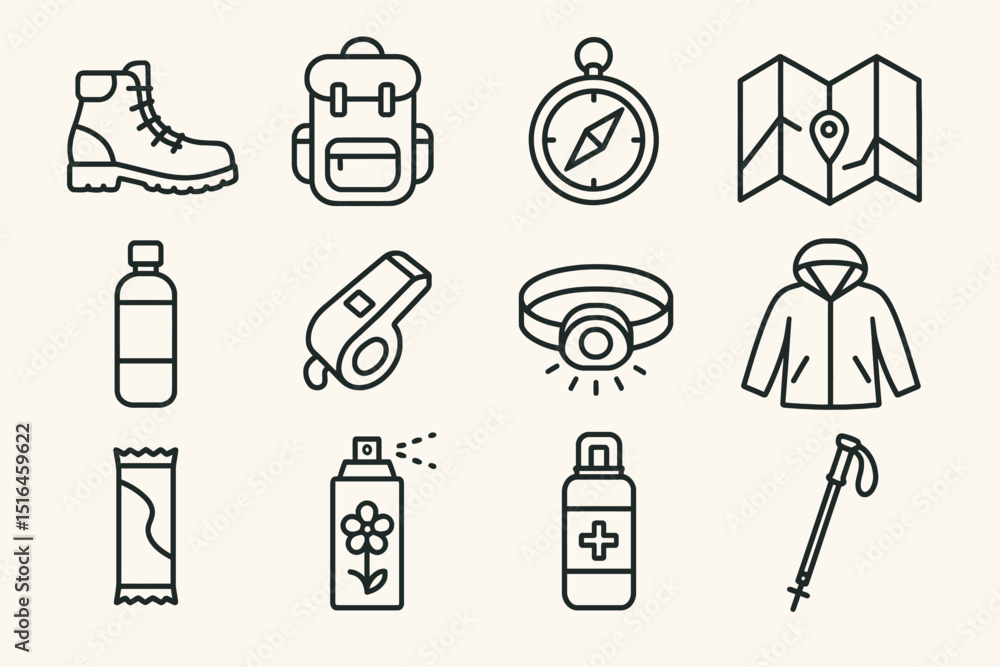 Fototapeta premium Outdoor adventure essentials: gear icons including backpack, compass, and boots