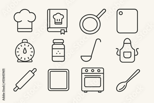 Outline icons of kitchenware: chef hat, cookbook, utensils, and appliances