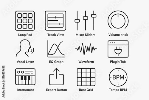 Music production icons: loop pad, track view, mixer sliders, volume knob, eq graph