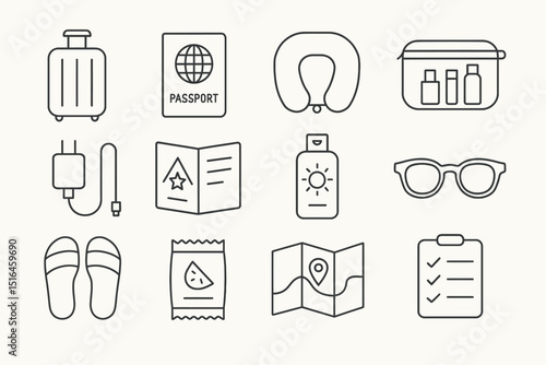 Travel essentials: suitcase, passport, neck pillow, toiletries, charger, map, sunglasses, checklist