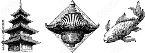 Traditional pagoda roof and koi fish engraving set for cultural design