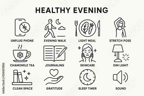 Healthy evening routine: unplug, walk, light meal, stretch, relax, journal, skincare, sleep, sound