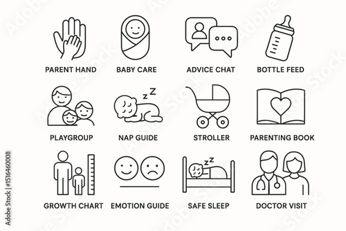 Simple parenting icons: child care, growth, and health symbols