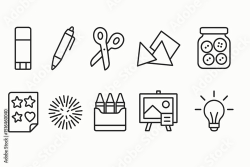 Simple line art icons of office and school supplies on white background
