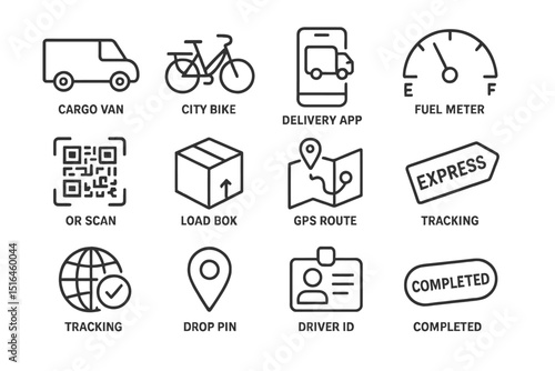 Icons of delivery: van, bike, app, fuel meter, gps route, tracking, qr code