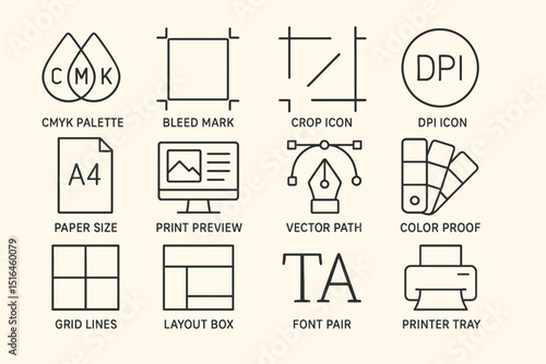 Printing icons set with cmyk palette, crop, dpi, color proof, and printer tray