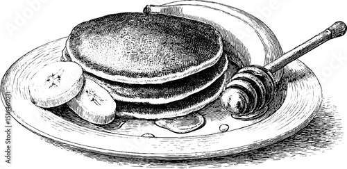 Engraved illustration of pancakes with honey and banana for breakfast design