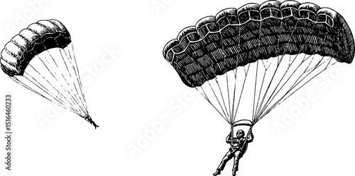 Vintage engraved parachute and skydiver illustrations for adventure and aviation designs