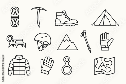 Essential mountaineering equipment: icons of gear for climbing and camping adventures