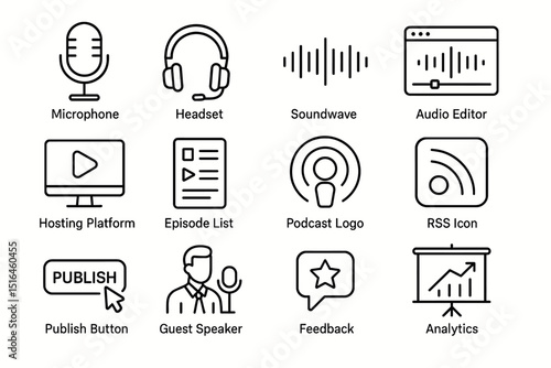 Podcasting icons collection: microphone, headset, soundwave, audio editor, hosting platform