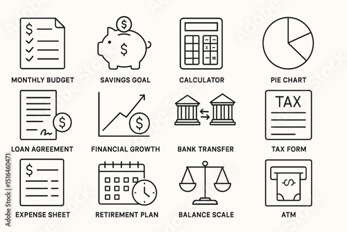 Financial planning icons for budgeting, savings, and investments