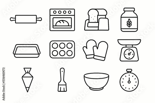 Baking icons set: rolling pin, oven, bread, ingredients, tools