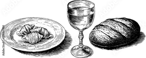Vintage engraved illustration of pasta dish, wine glass, and bread for culinary design