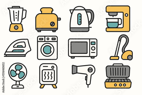 Collection of household appliances icons featuring blender, toaster, kettle, and more