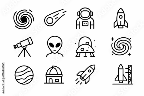 Space exploration icons: telescope, alien, rocket, astronaut, ufo, galaxy, planet