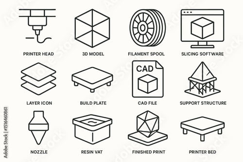 3d printing essentials: tools and components overview in line icons