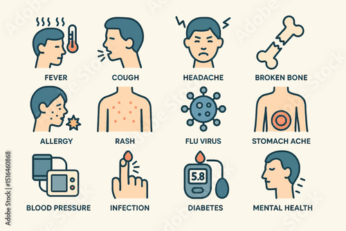 Common health symptoms and conditions illustrated: fever, cough, headache, infection, diabetes