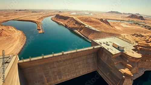 Desert dam and reservoir, aerial view.  A large dam holds back a turquoise reservoir in the desert.