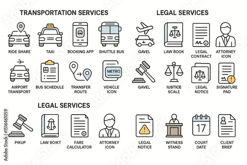 Comprehensive icons for transportation and legal services