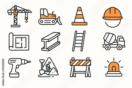 Construction icon set: crane, bulldozer, helmet, drill, ladder, blueprint
