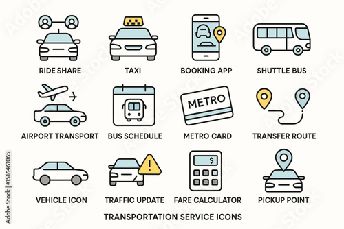 Transportation service icons: ride share, bus schedule, metro card, booking app, airport transport