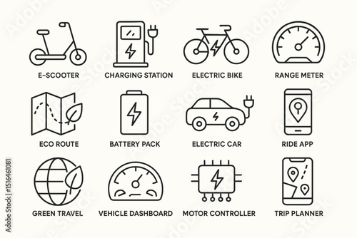 Eco-friendly transportation icons: e-scooter, electric bike, charging station, and more