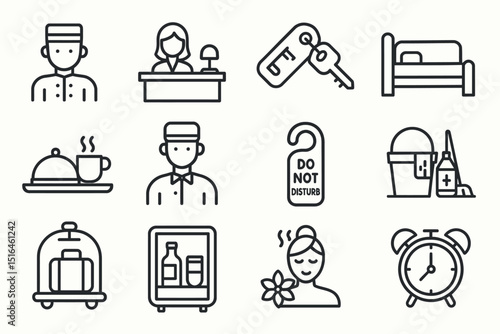Hotel icon set: concierge, receptionist, room key, bed, and amenities symbols