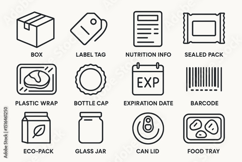 Set of packaging icons: box, label tag, nutrition, barcode, bottle cap, expiration date