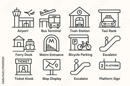 Transportation infrastructure icons: airport, train, bus, ferry, taxi, metro, bicycle, escalator, signage