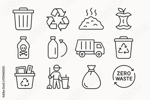Minimalist waste management icons for recycling and zero waste awareness