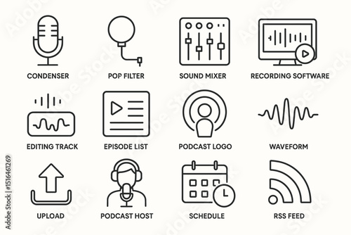 Podcast production elements: editing tools and hosting setup icons