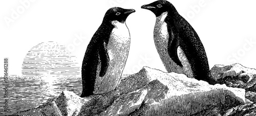 Engraved illustration of penguin pair on icy landscape for nature design