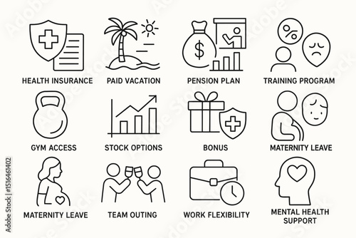 Employee benefits icons including health insurance, paid vacation, gym access, maternity leave, and mental health support
