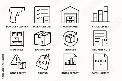 Warehouse management icons: barcode, inventory, stock, and delivery symbols