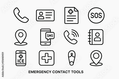 Emergency contact tools icons: phone, sos, location, sms, medical id