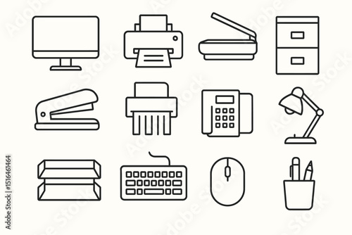 Office equipment icons set featuring computer, printer, shredder, and more
