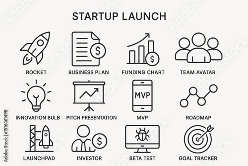 Icons representing startup launch: rocket, business plan, funding, team, innovation, mvp