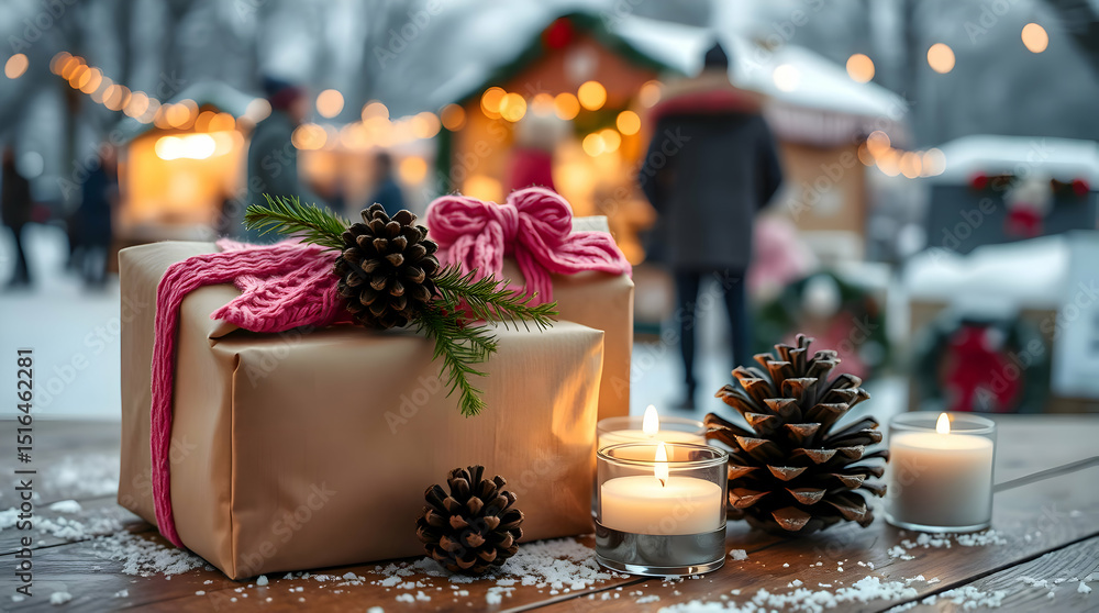 Enchanting Winter Season Holiday Gifts and Candles on a Snowy Table Landscape Enchanting Winter Season Holiday Gifts and Candles on a Snowy Table Landscape