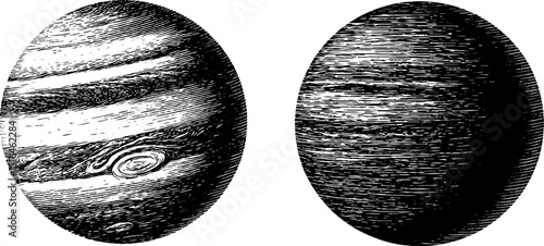 Celestial bodies engraving: detailed planet and moon antique illustration