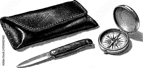 Vintage engraved set: pocket knife, compass, and leather case illustration for adventure and exploration themes