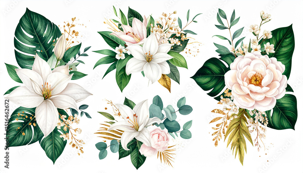 Obraz premium Set of isolated botanical bouquets in tropical wedding style with gold paint splashes, soft flowers.