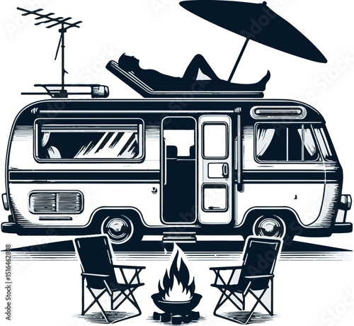Vintage camper van with a sunbather lounging under an umbrella  