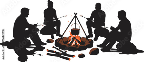 Group of friends sitting around campfire cooking food outdoors  